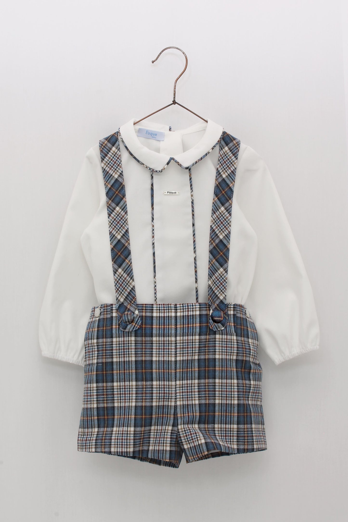 Plaid suspenders pants and shirt set