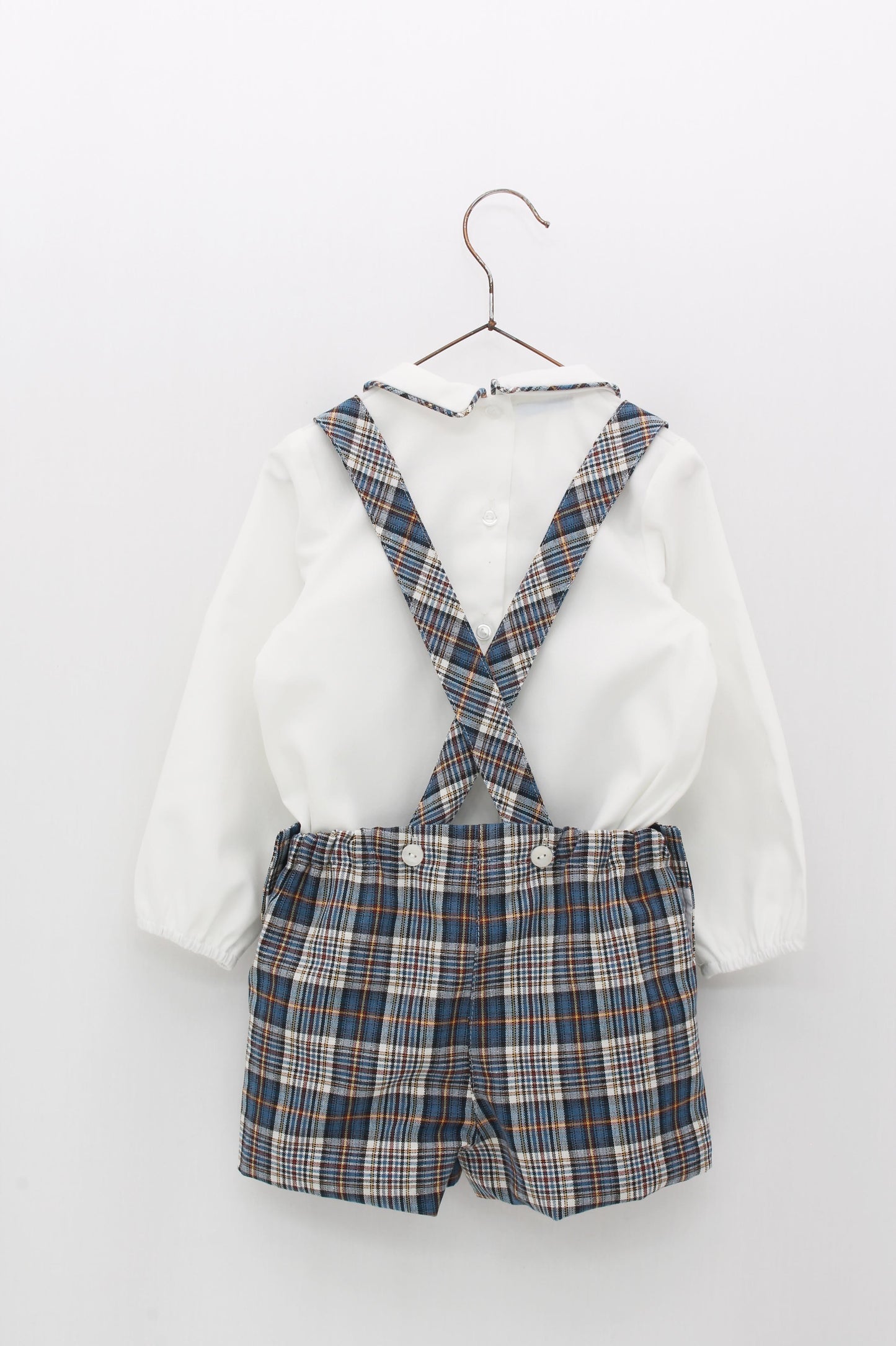 Plaid suspenders pants and shirt set