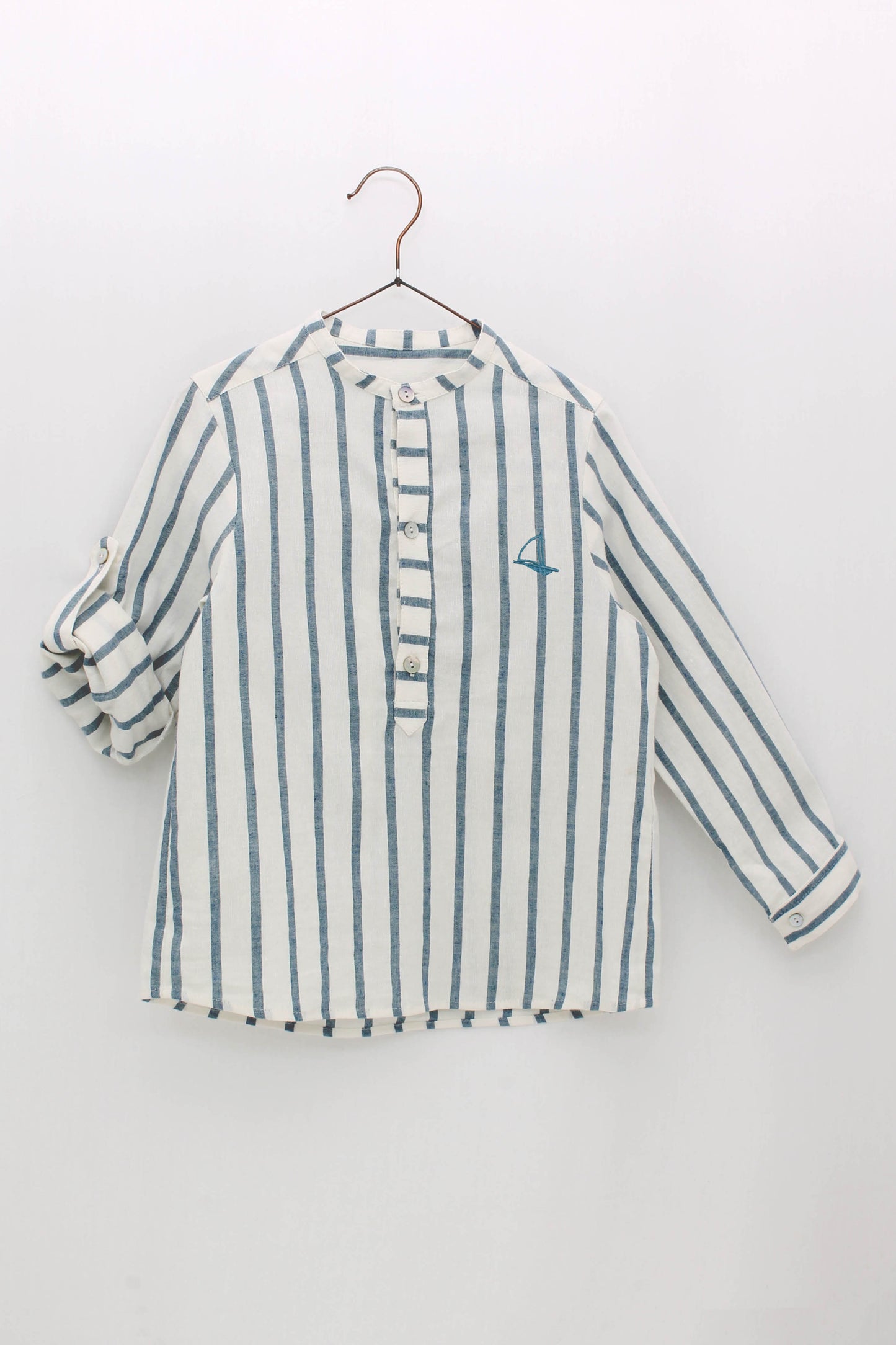 Linen shorts and striped shirt with mao collar set