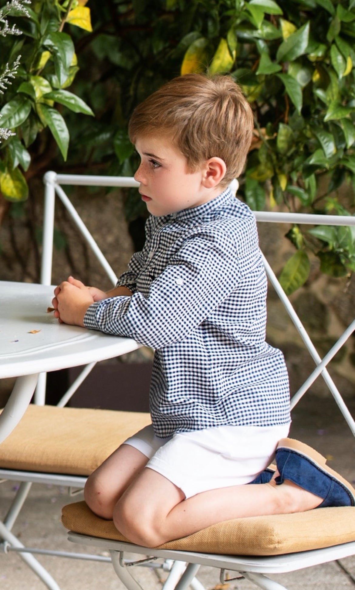 Vichy shirt set with Mao collar and chino shorts