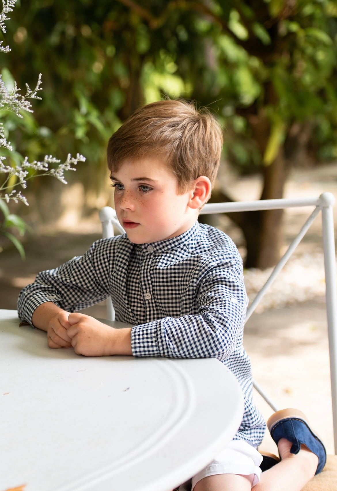 Vichy shirt set with Mao collar and chino shorts