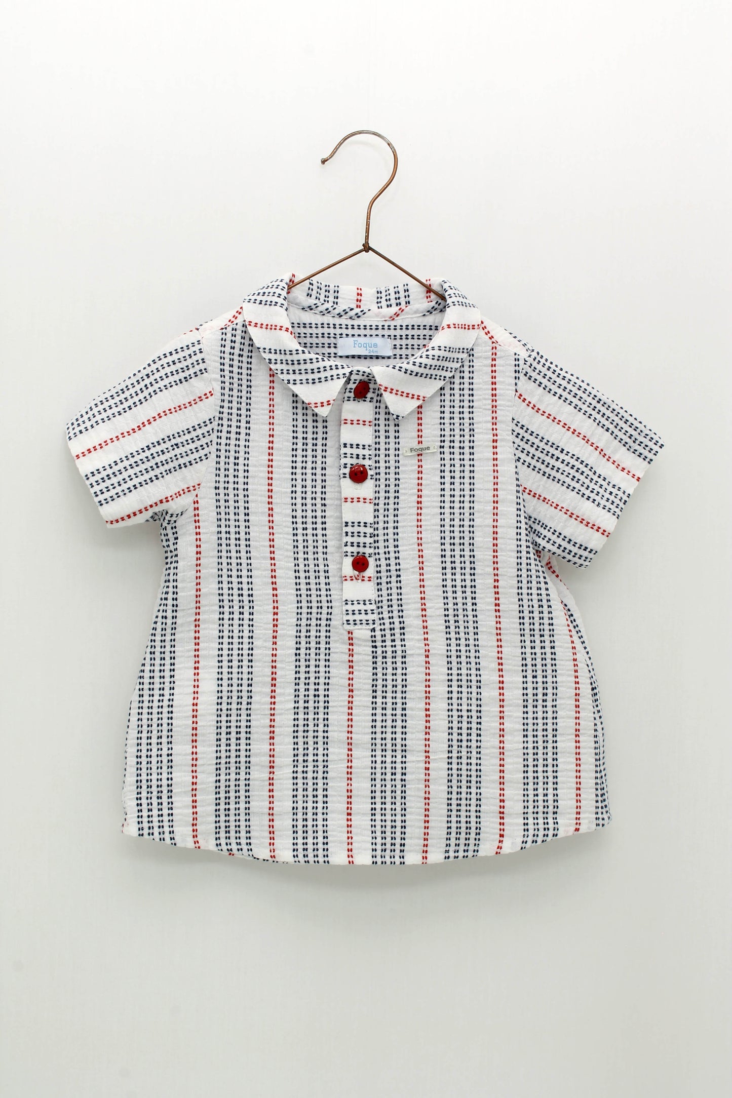 Baby boy shorts set and shirt with a multi-striped bambula shirt collar with stitch effect