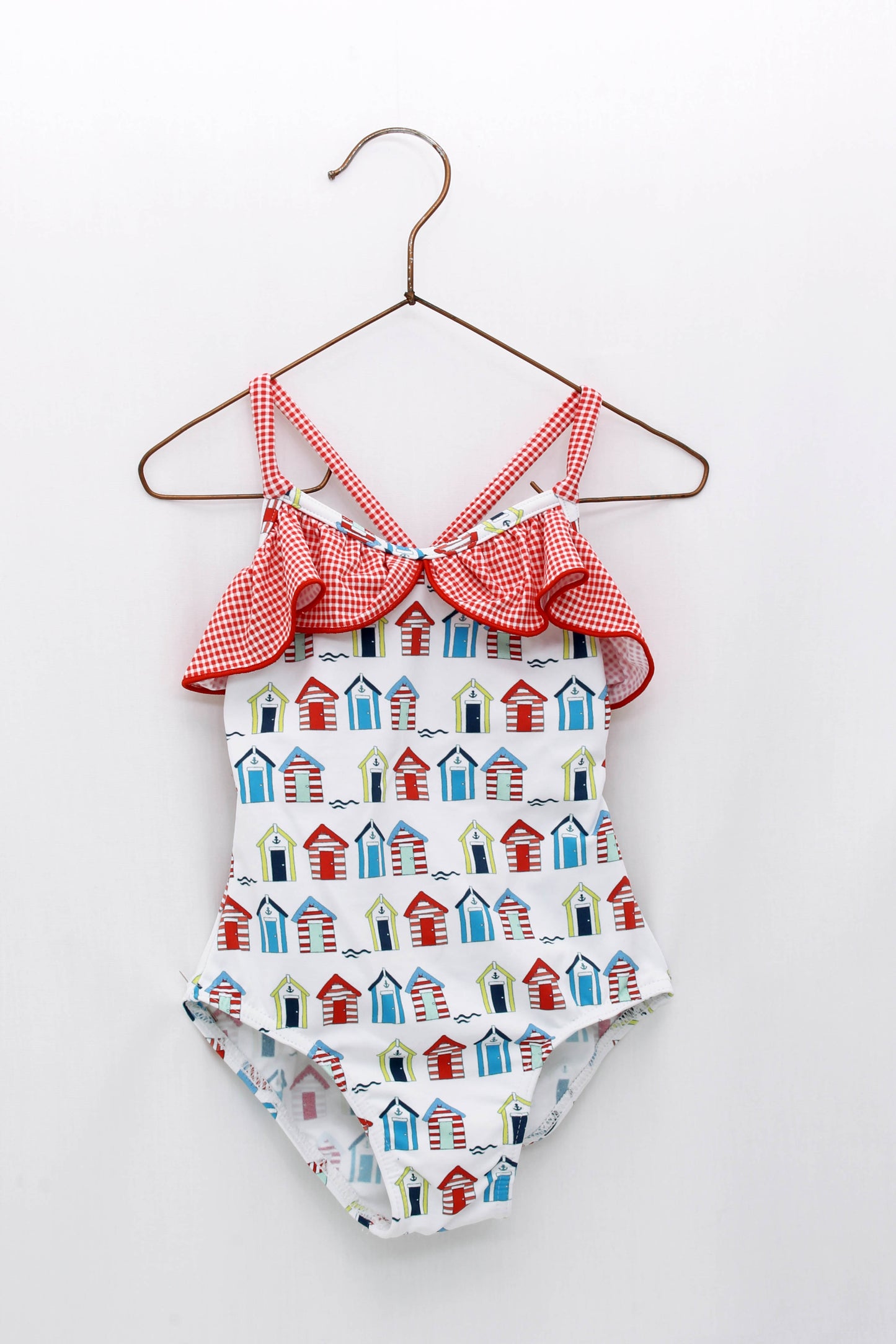 Bañador estampado casetas con tiras cruzadas en espalda y volantes en vichy