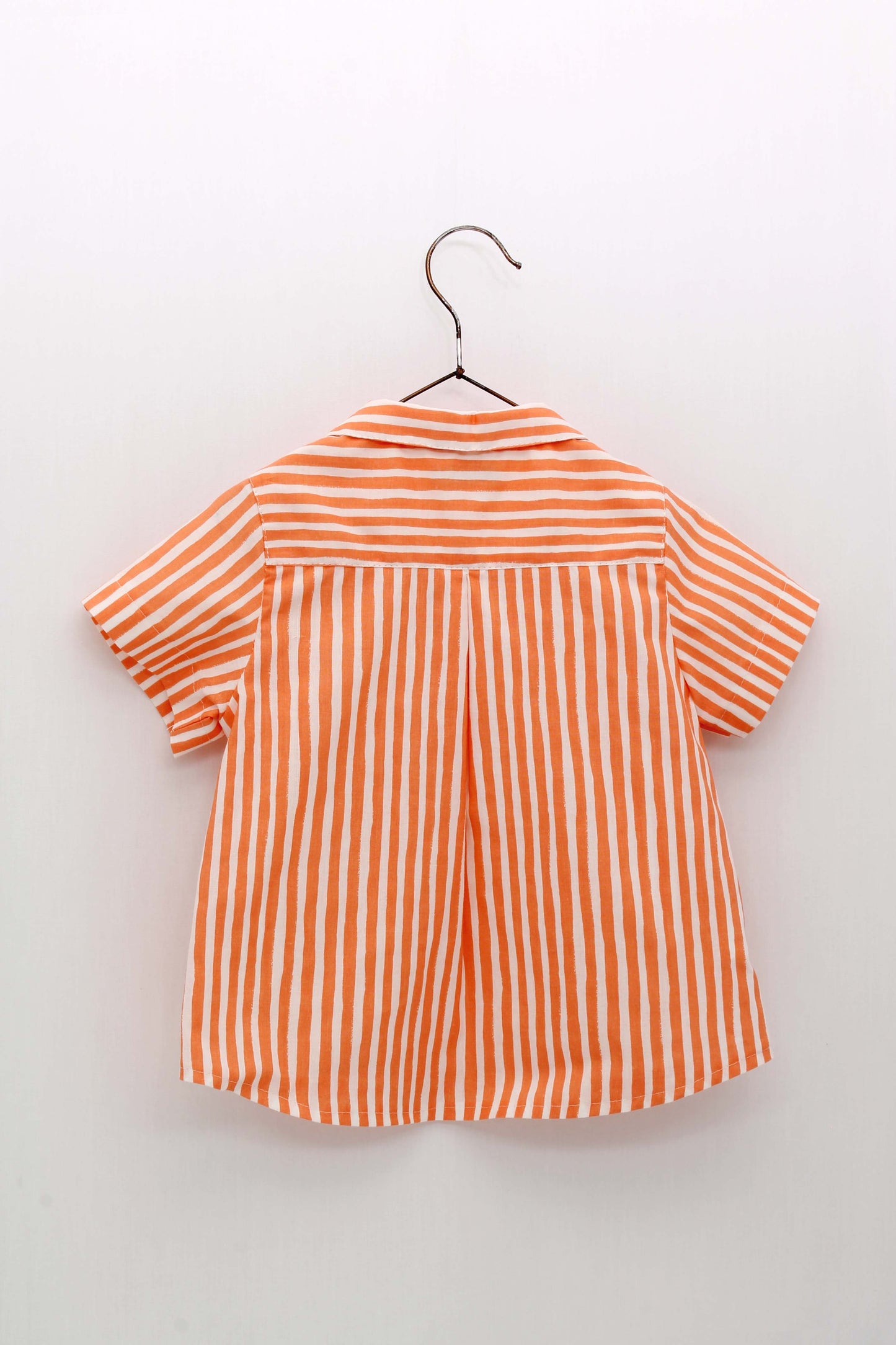 Striped Shirt Set with Baker's Collar and White Overalls with Pocket