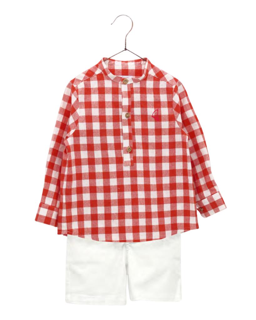 Set of a boy's shirt with a red gingham check mao collar and white shorts