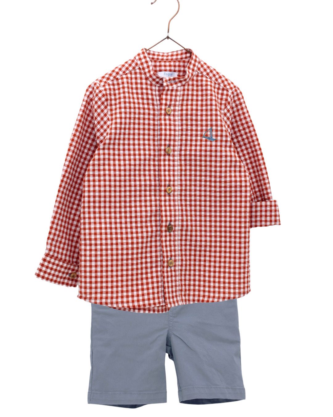 Set of long-sleeved shirt with a Mao collar and classic-cut canvas trousers