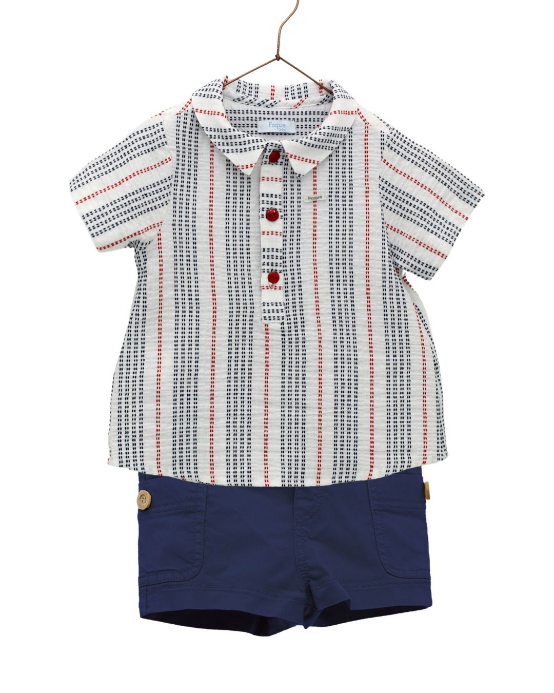 Baby boy shorts set and shirt with a multi-striped bambula shirt collar with stitch effect