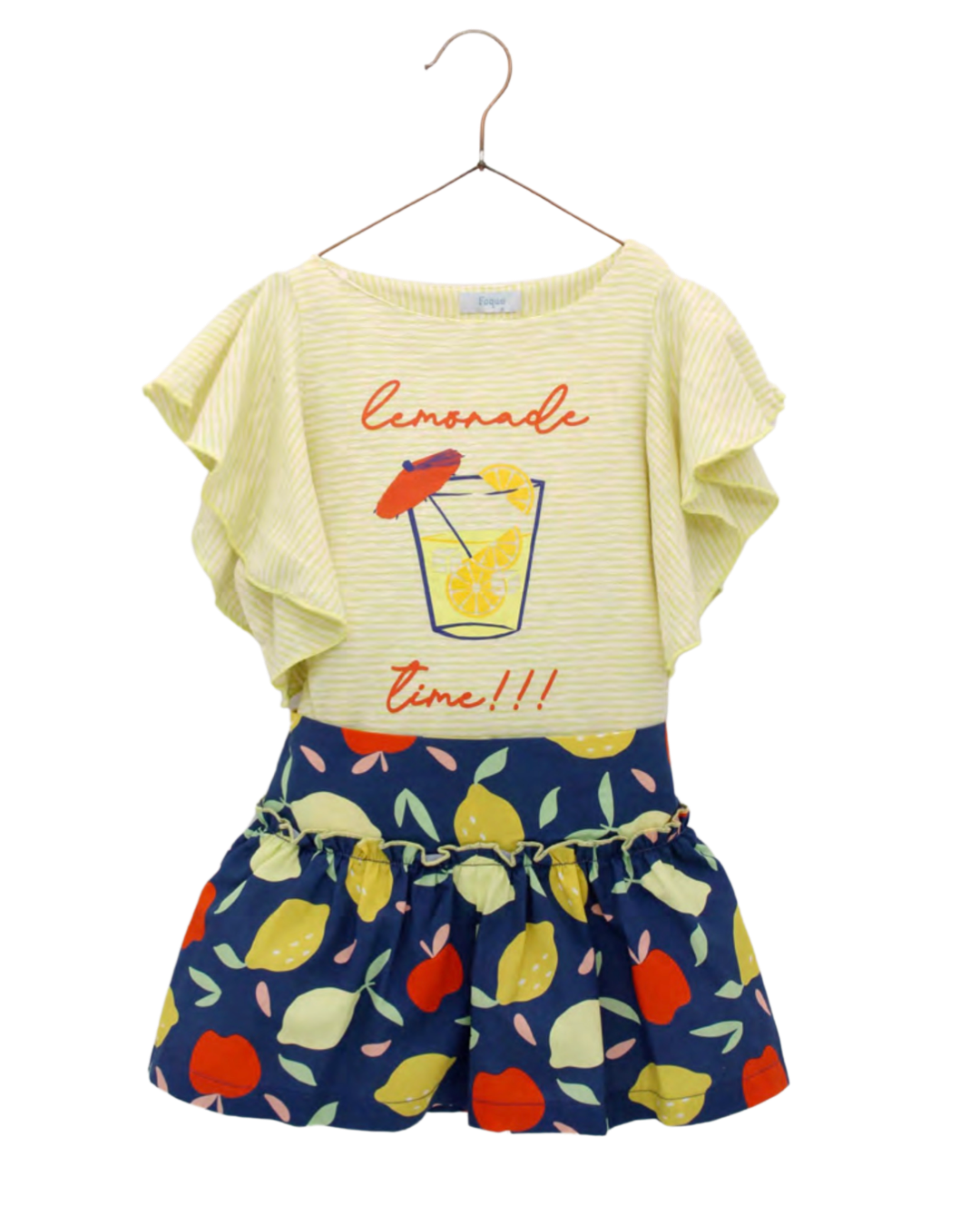 Conjunto Camiseta Rayas Barco Mangas Volante Y Falda Pantalón Estampado Frutas