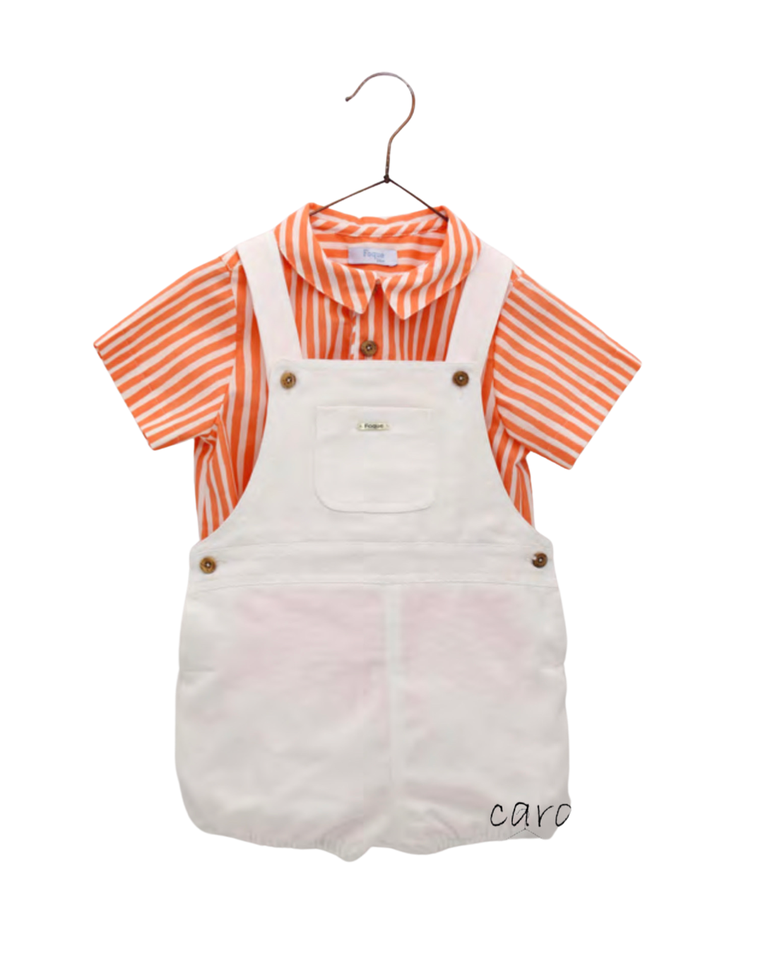 Striped Shirt Set with Baker's Collar and White Overalls with Pocket