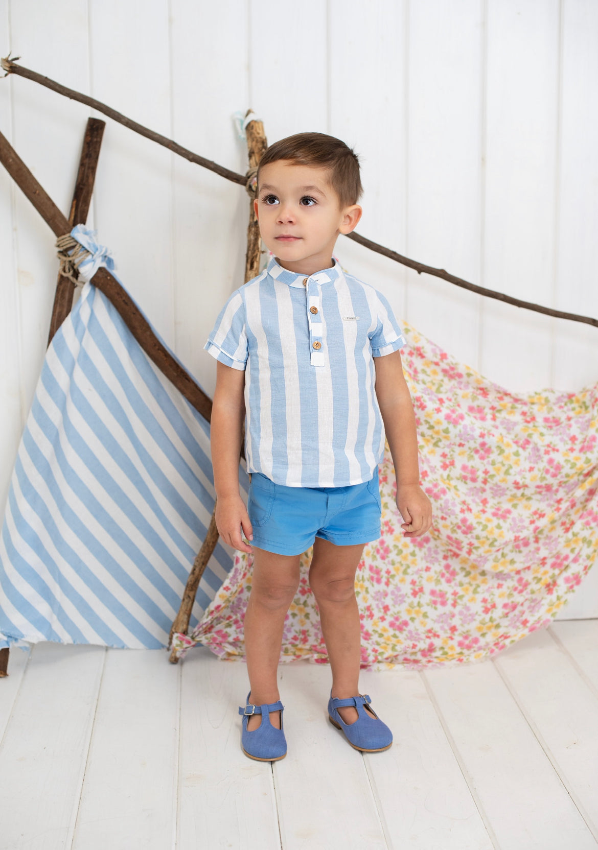 Mao Collar Striped Shirt and Shorts Set