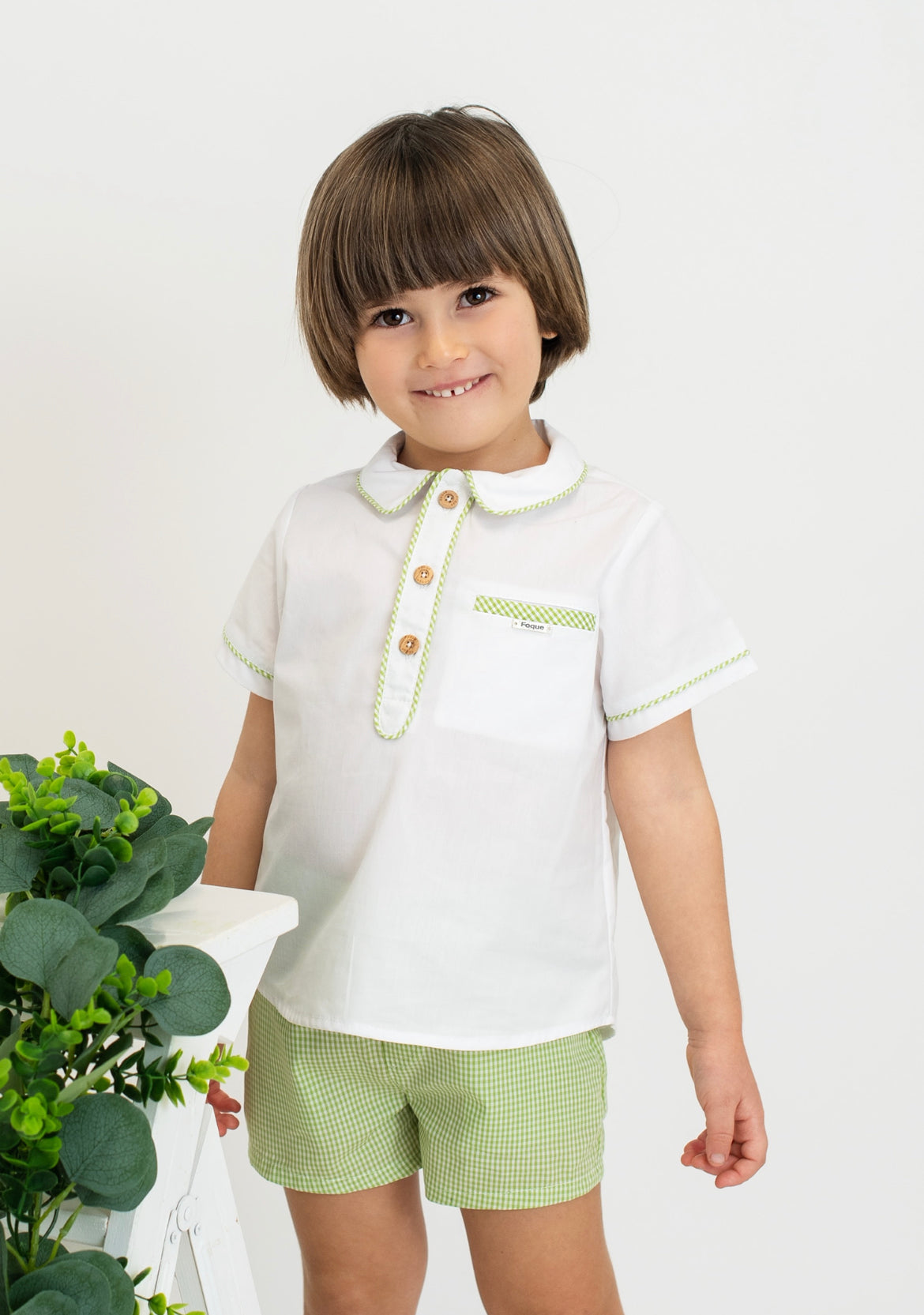 Green Vichy Shorts and Shirt Collar Shirt Set