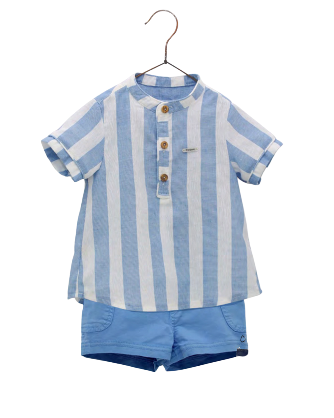 Mao Collar Striped Shirt and Shorts Set