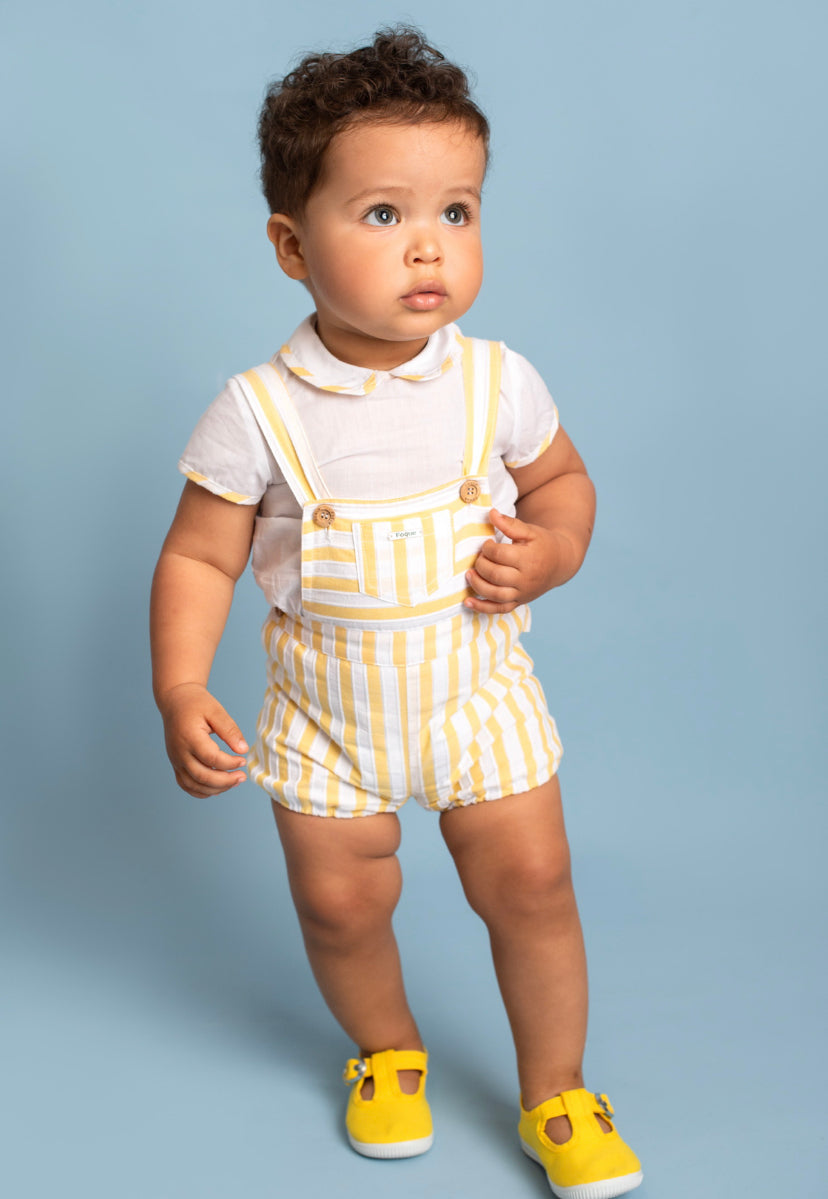 Striped Overalls and Shirt Collar Shirt Set