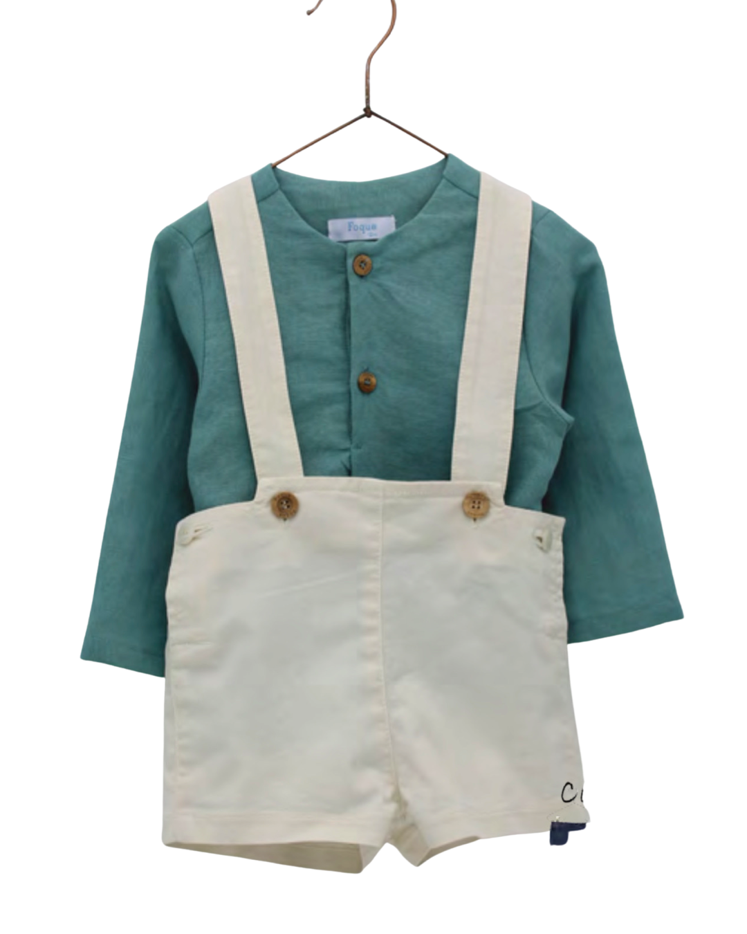 Conjunto Peto Lona Tirantes y Camisa Sin Cuello Botones Madera