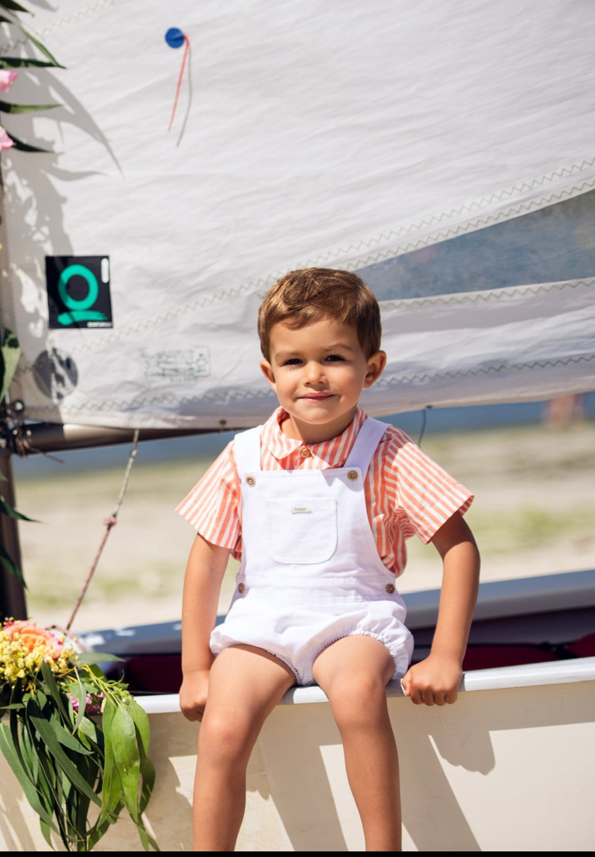 Striped Shirt Set with Baker's Collar and White Overalls with Pocket