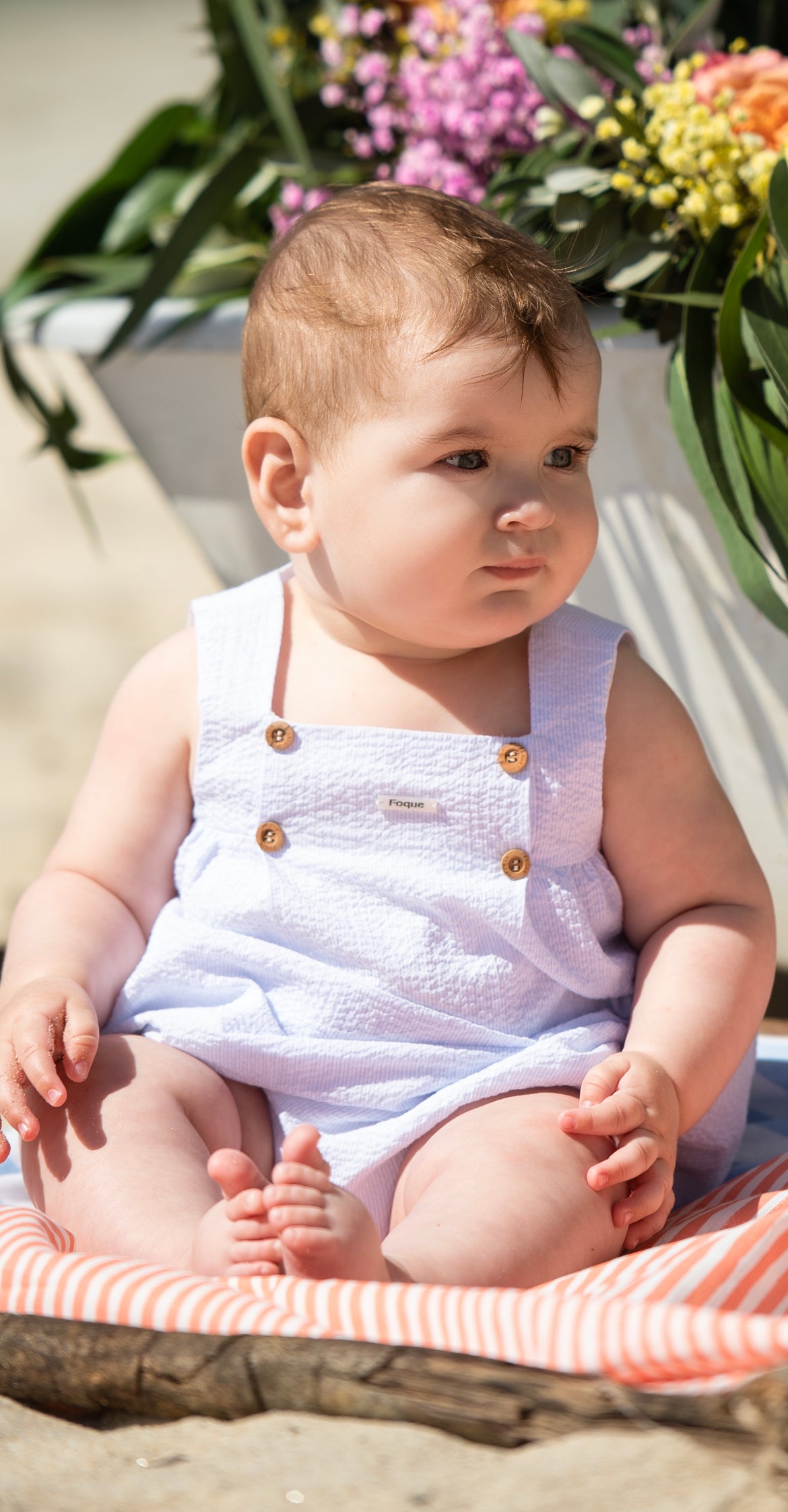 Striped Seersucker Strap Romper with Center Buttons