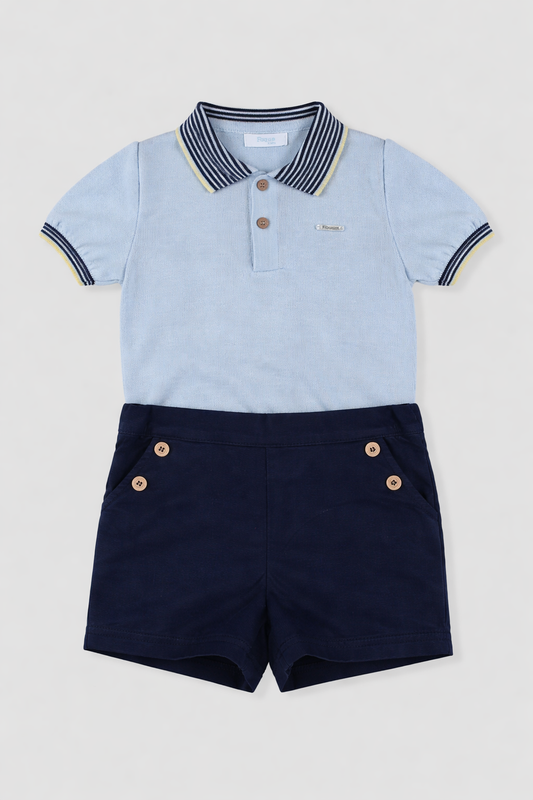 Conjunto bebé niño polo celeste y short marino