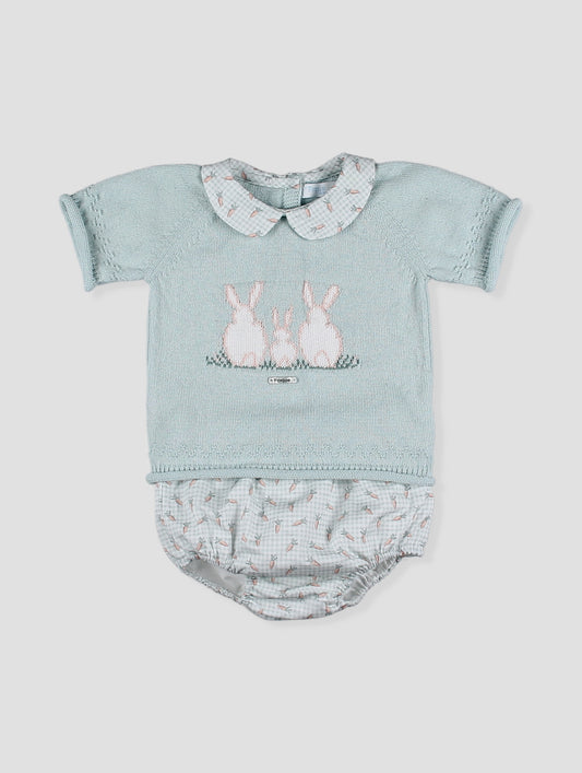 Conjunto bebé punto celeste con conejitos