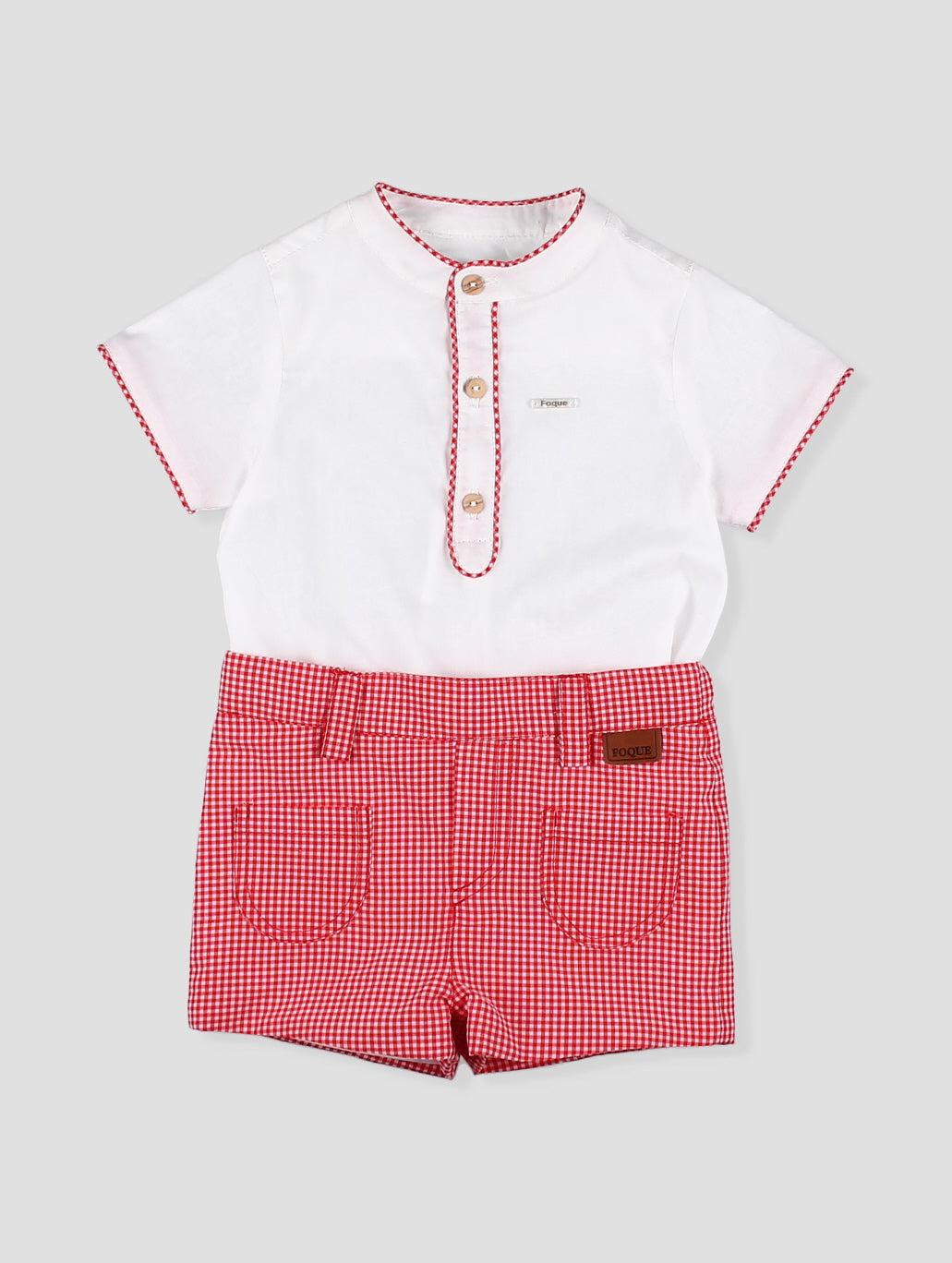 Conjunto bebé niño camisa blanca con detalle vichy y short vichy rojo