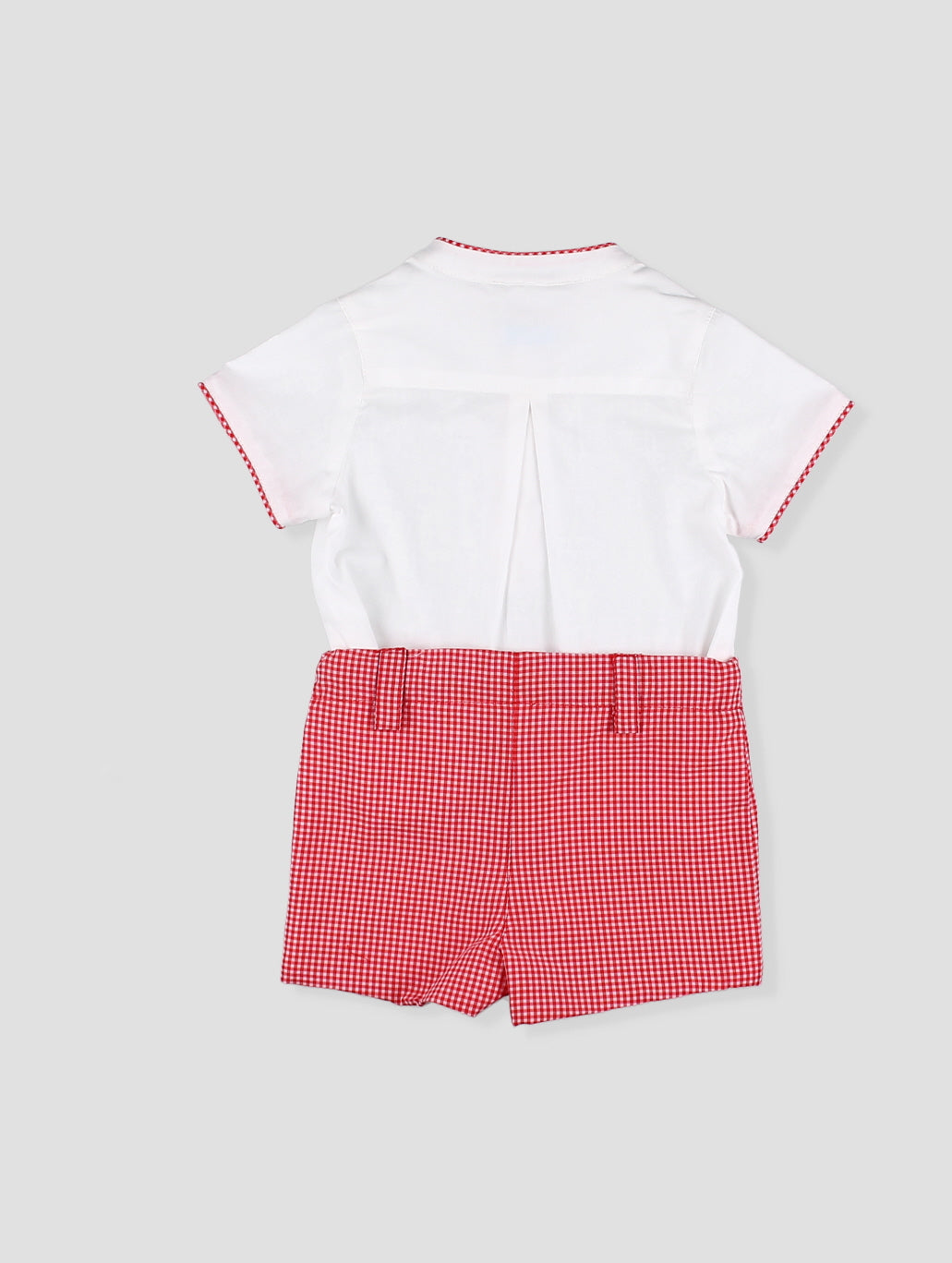 Conjunto bebé niño camisa blanca con detalle vichy y short vichy rojo