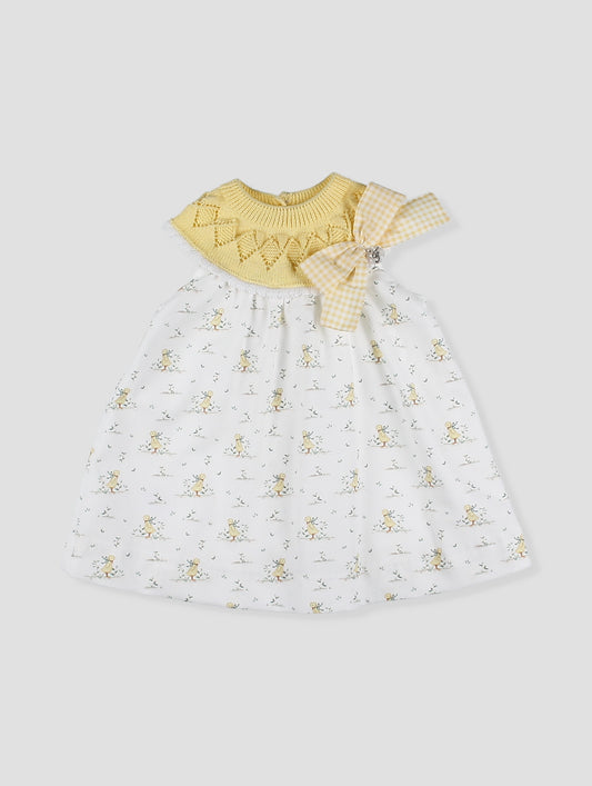 Vestido bebé niña estampado con cuello de punto amarillo