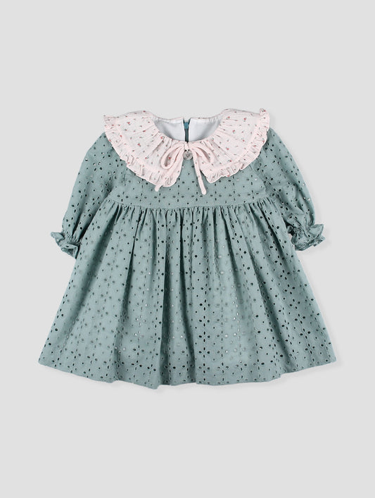 Vestido bebé niña verde agua con cuello floral
