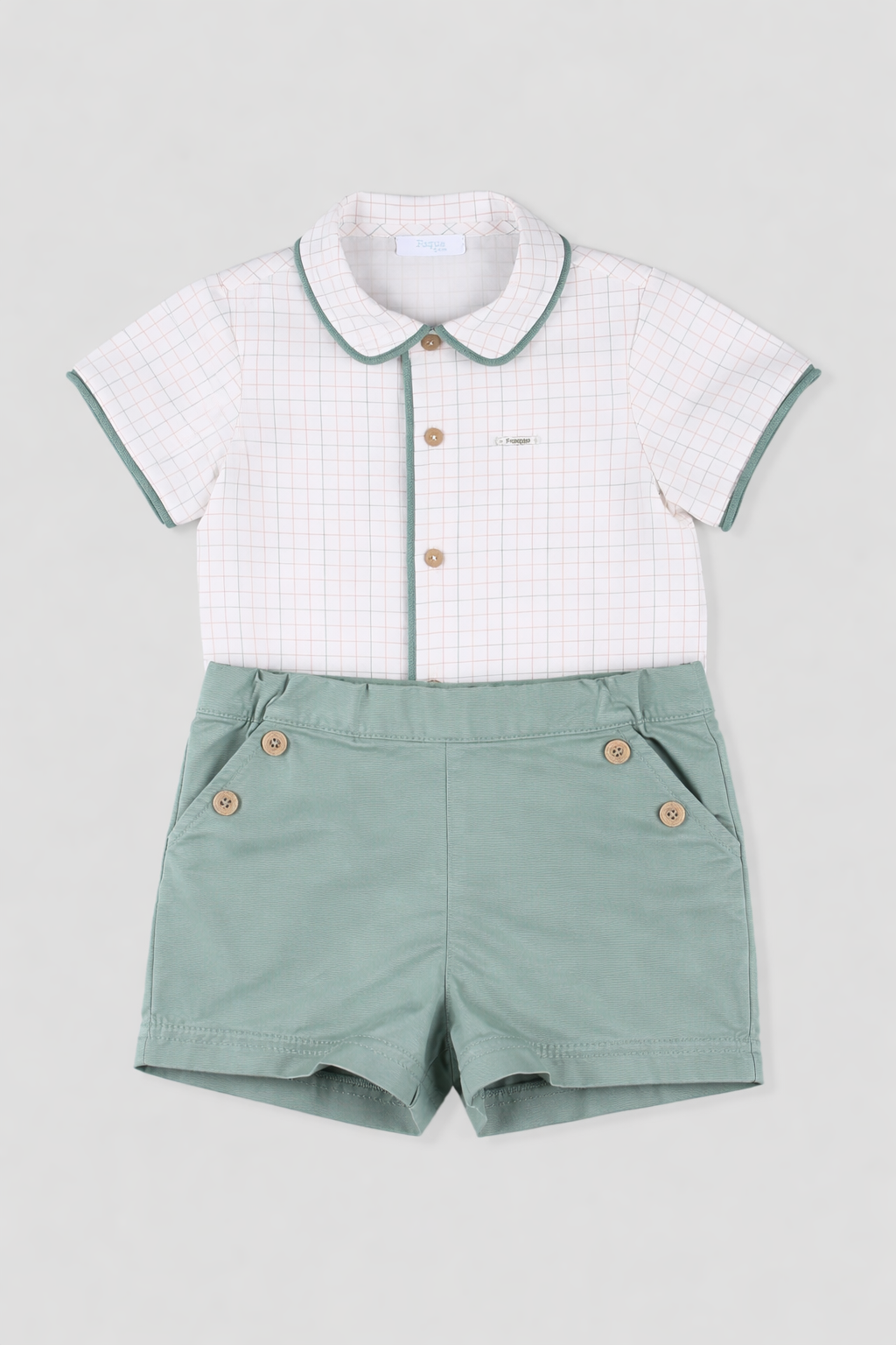 Conjunto bebé niño camisa cuadros y short verde agua