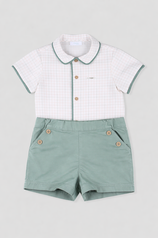 Conjunto bebé niño camisa cuadros y short verde agua