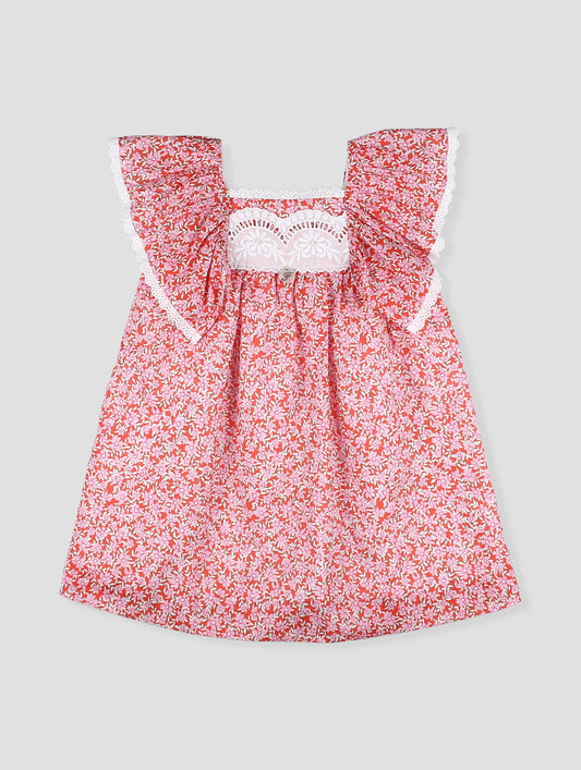 Vestido bebé niña estampado floral coral con encaje