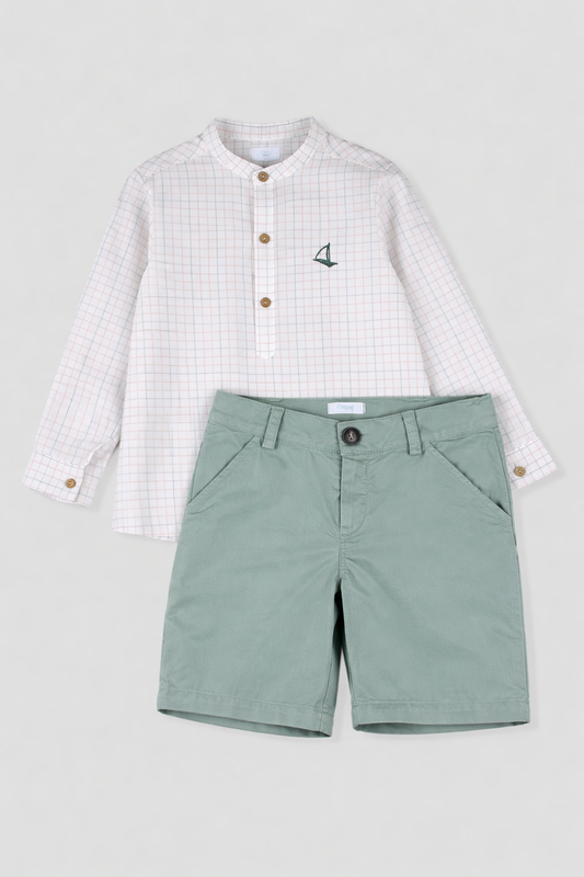 Conjunto niño camisa cuadros con bordado y bermuda verde agua