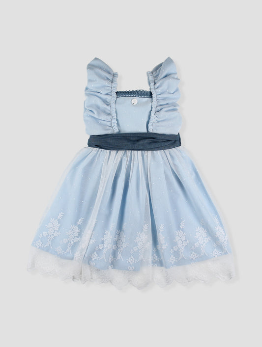 Vestido con tul bordado y lazo en contraste azul