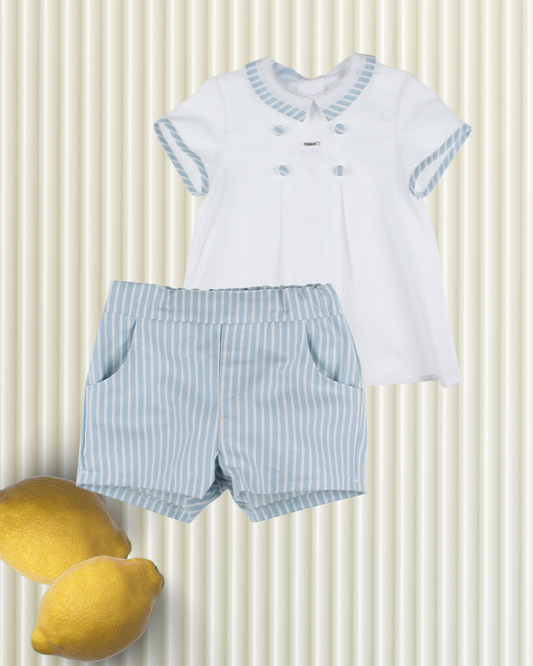 Conjunto Pantalón Corto Rayas Y Camisa Cuello Bebé