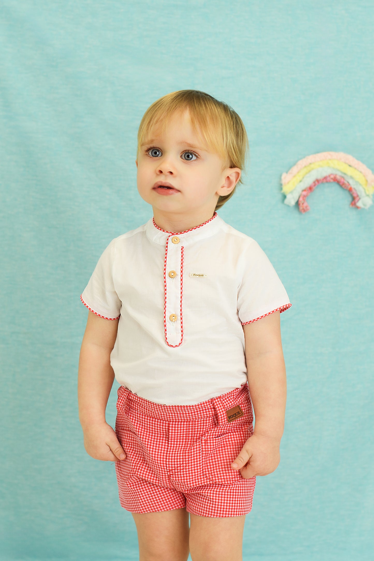 Conjunto bebé niño camisa blanca con detalle vichy y short vichy rojo