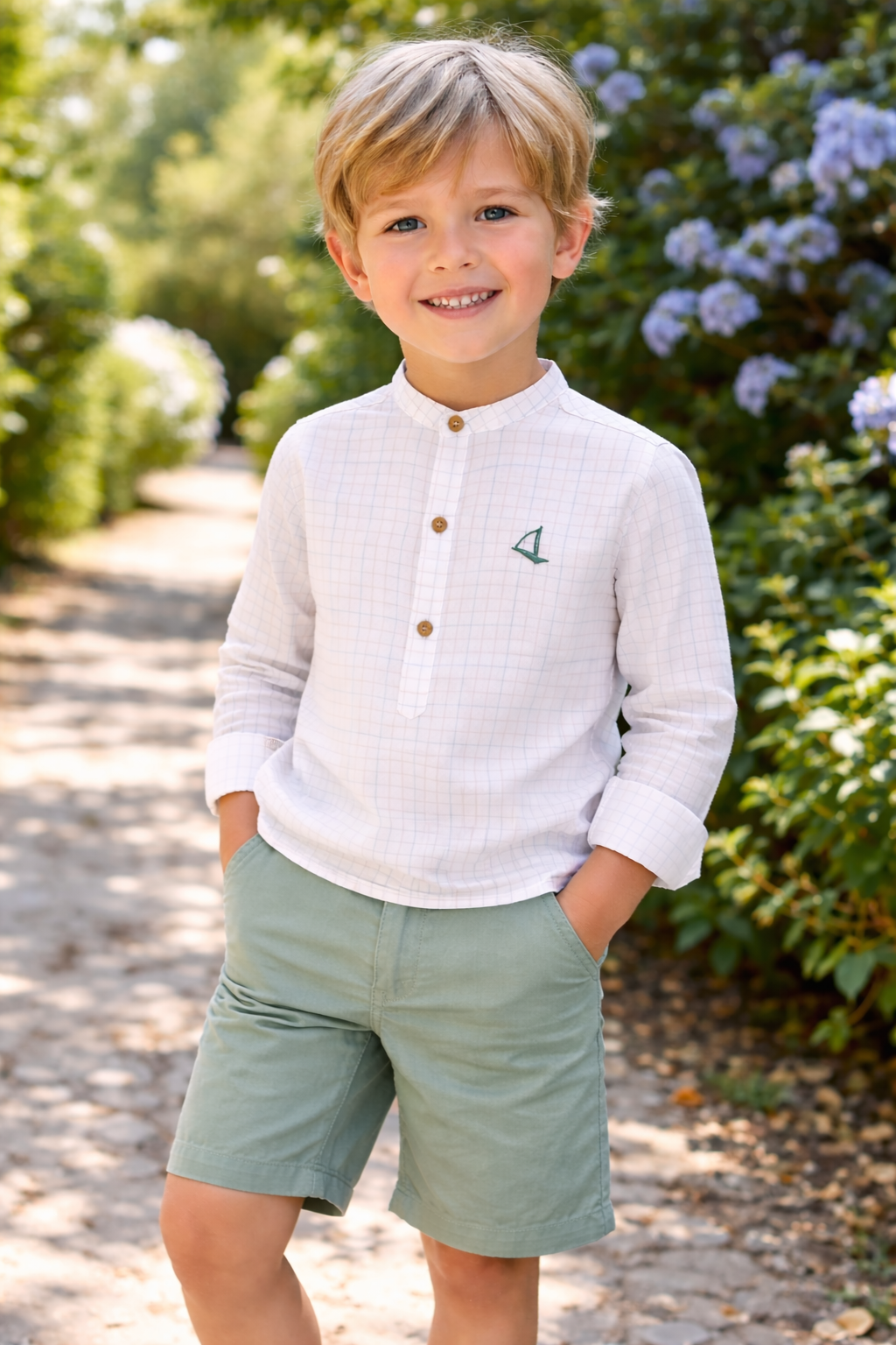 Conjunto niño camisa cuadros con bordado y bermuda verde agua