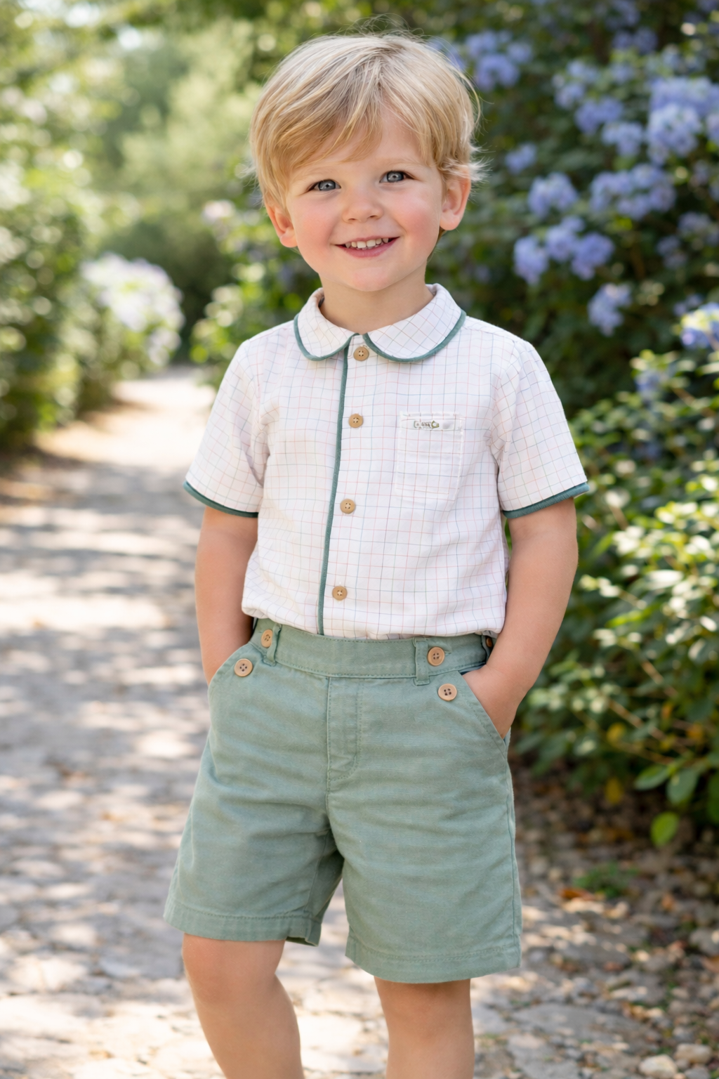 Conjunto bebé niño camisa cuadros y short verde agua