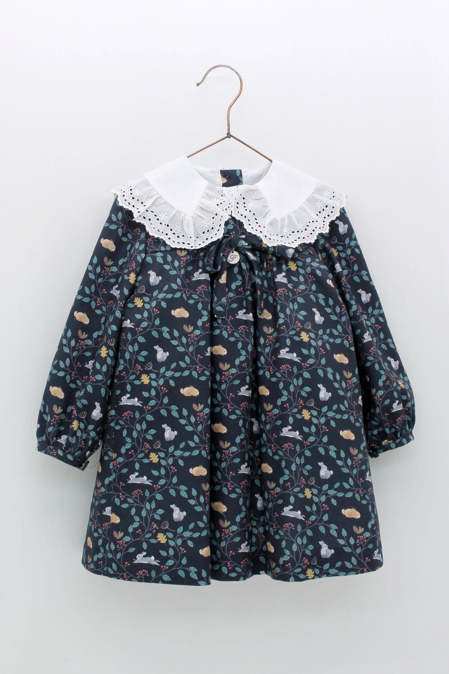 Print Dress with Ruffled Neck and Lace Trim