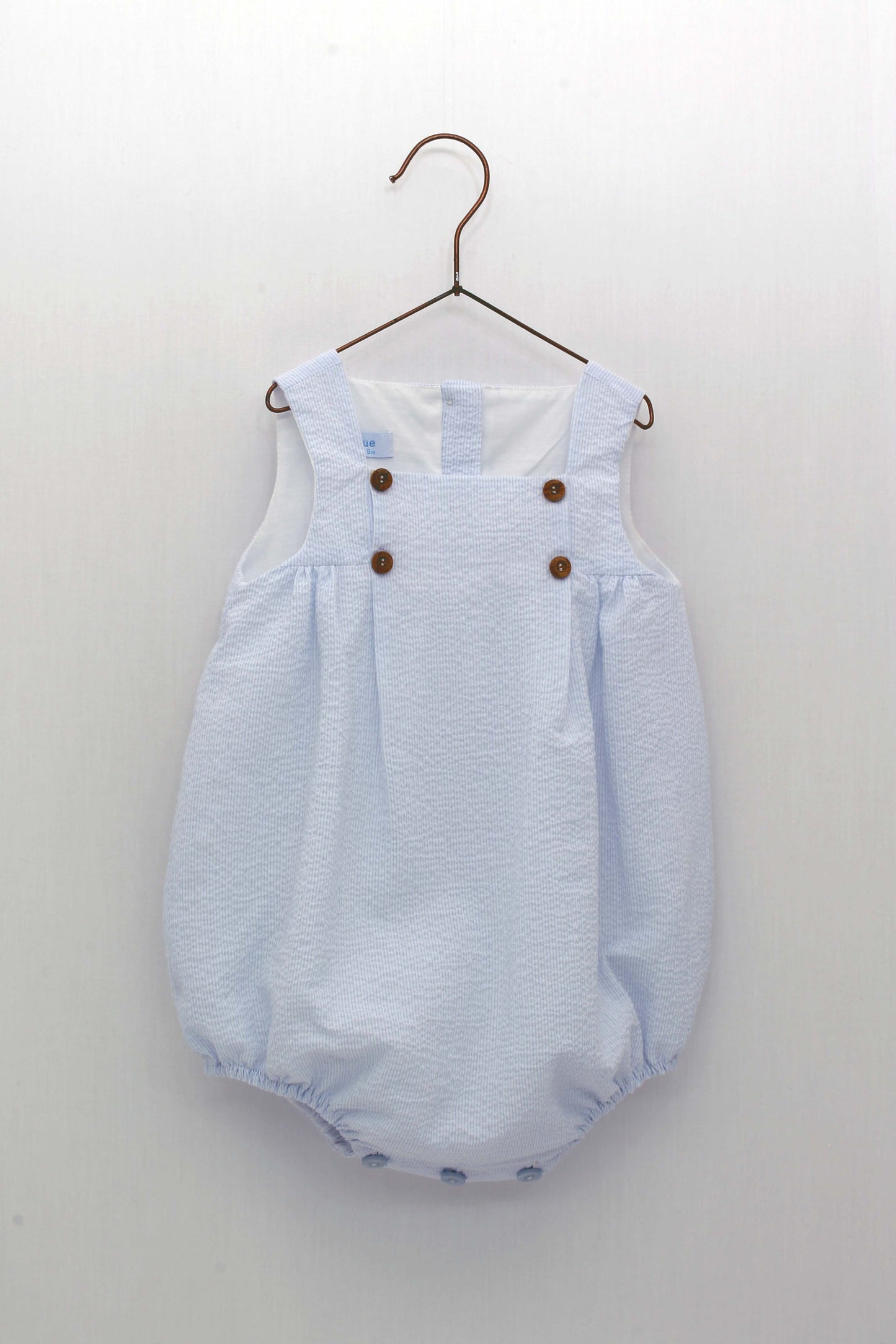 Striped Seersucker Strap Romper with Center Buttons