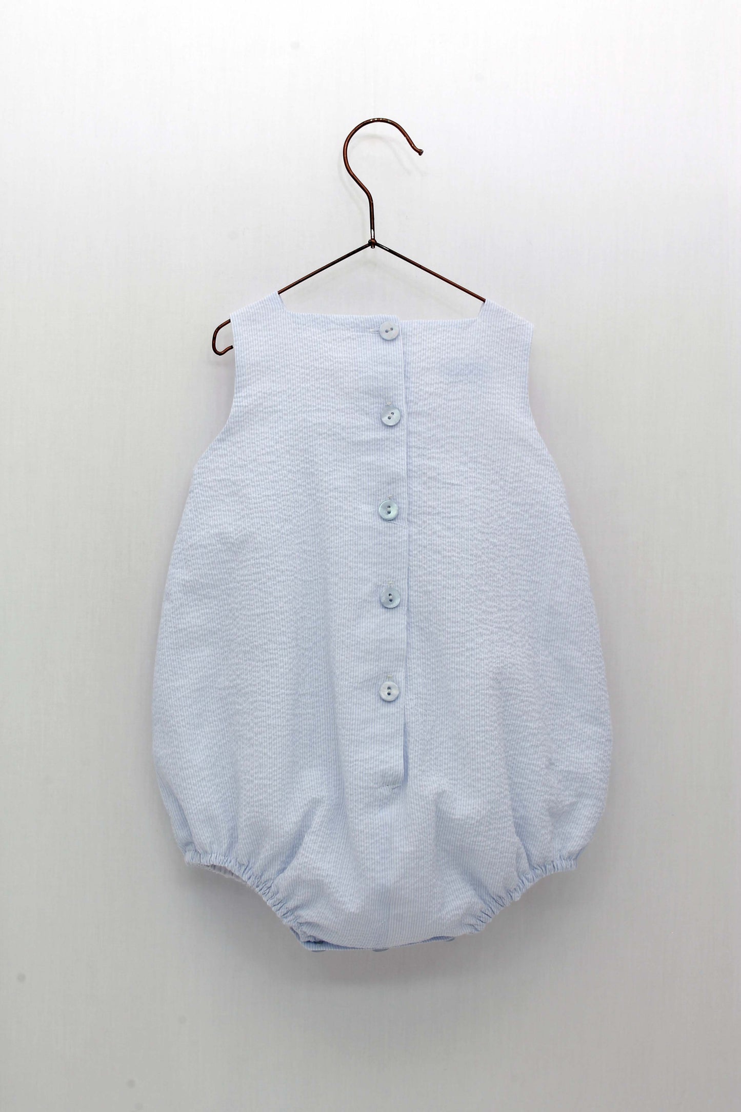 Striped Seersucker Strap Romper with Center Buttons