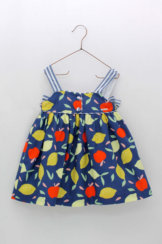 Vestido Estampado Frutas De Tirantes Con Lazadas A Rayas