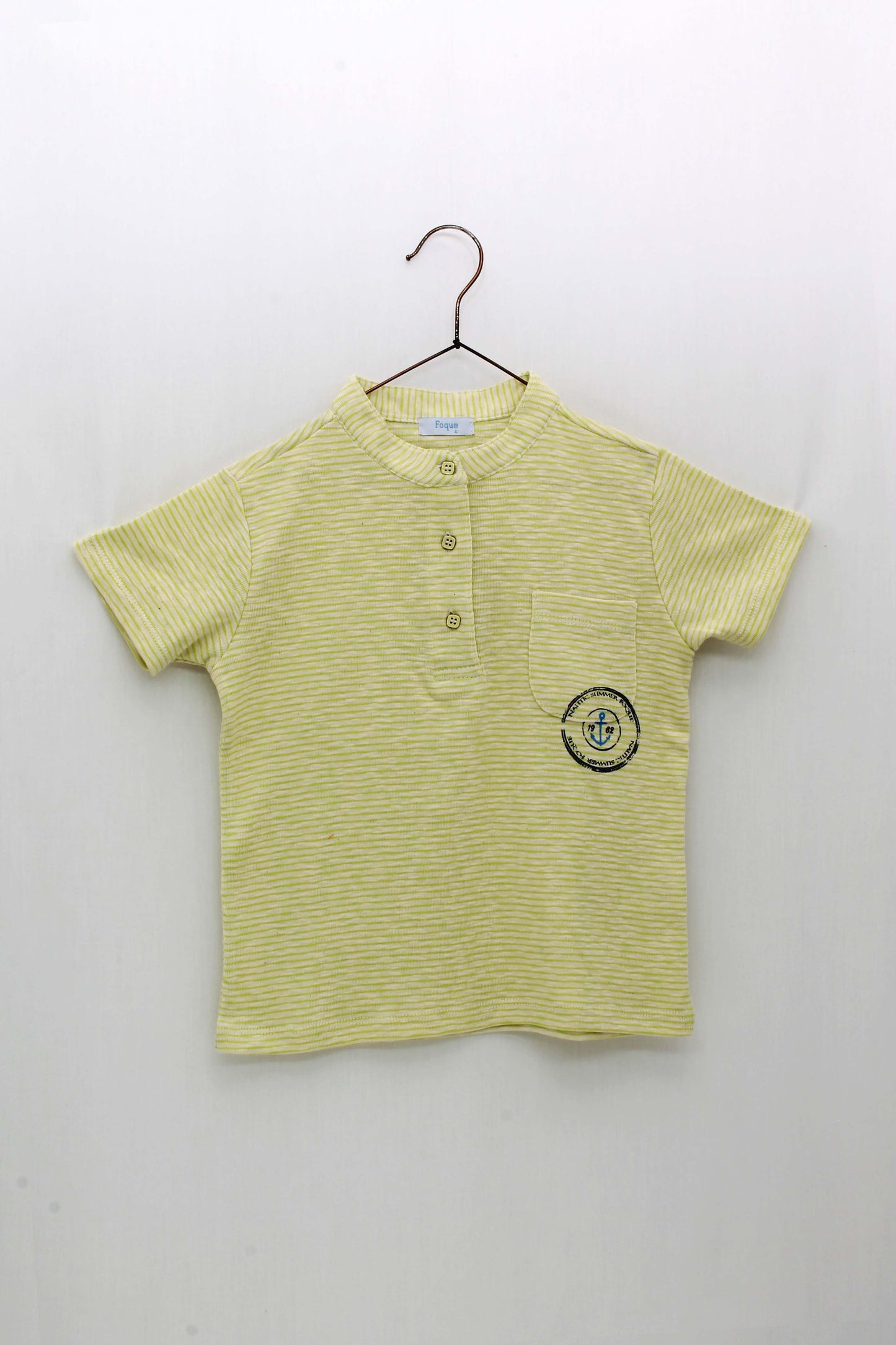 Striped Mao Collar T-shirt with Anchor Design