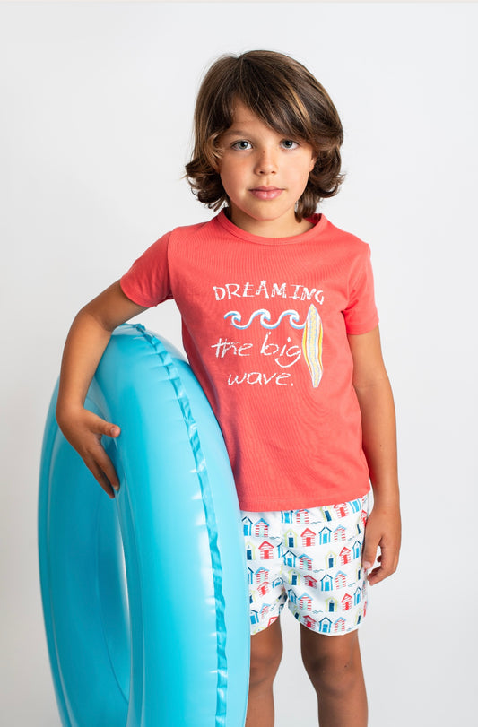 Boys' swimsuit in absorbent fabric with a cabin print