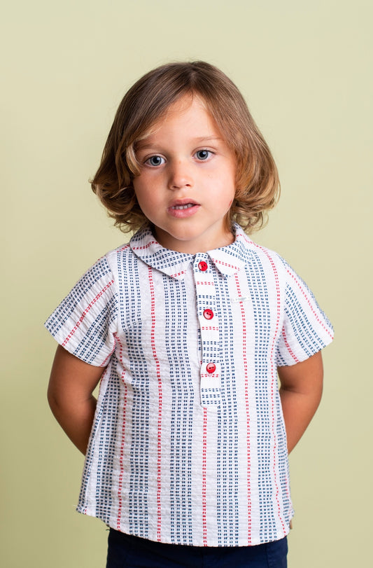 Baby boy shorts set and shirt with a multi-striped bambula shirt collar with stitch effect