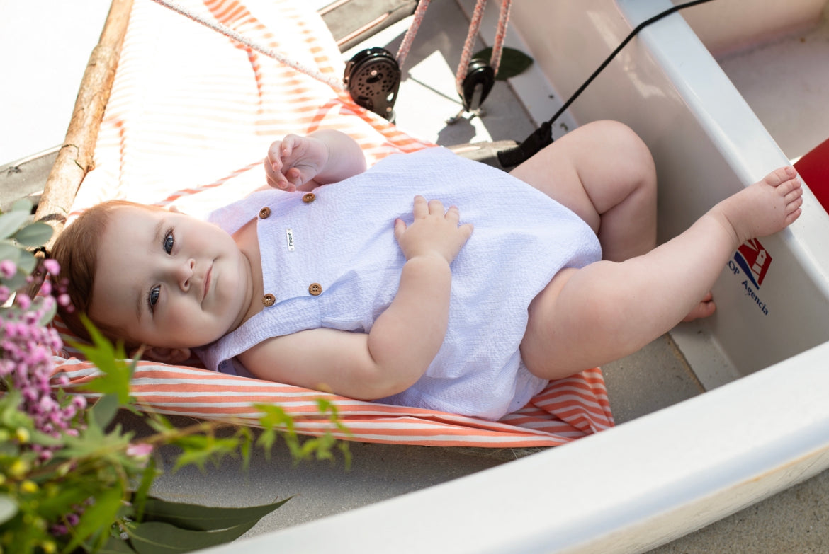 Striped Seersucker Strap Romper with Center Buttons